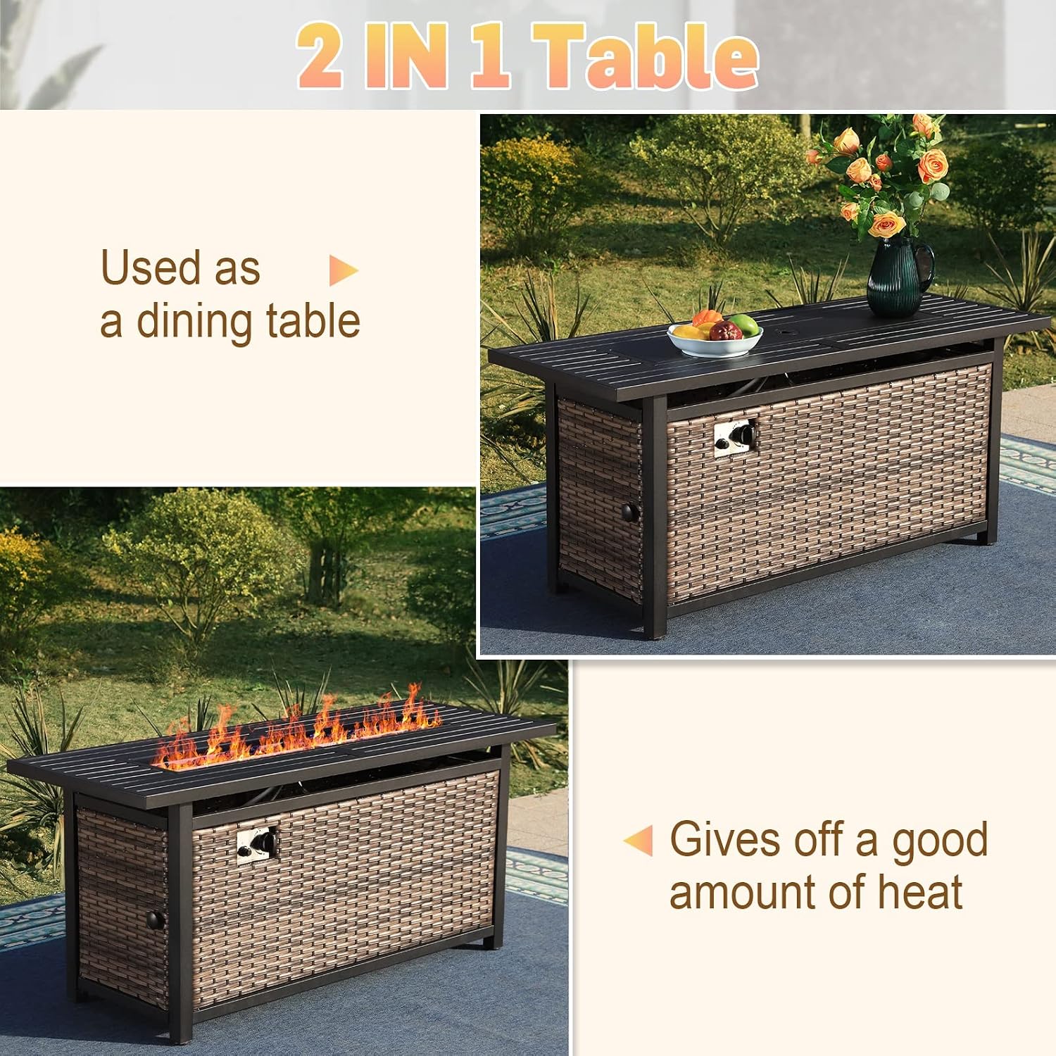 Sophia & William 56 Inch Gas Fire Pit Table Outdoor Rattan Propane Fire Table & Fireplace with Fire Glass, Lid, 50,000 BTU Firepits for Outside Patio