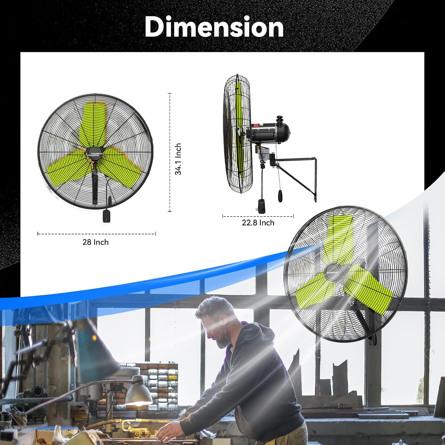 Pro 24' Industrial Wall Mount Fan, 9500 CFM High Velocity Metal Wall Fan, IP44 Waterproof Oscillating 3-Speed Outdoor Commercial Fan for Garage, Warehouse, Patio, Workshop