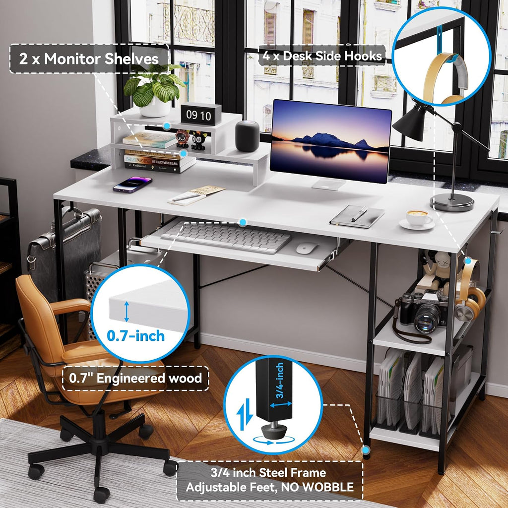 HYPIGO Computer Desk with Keyboard Tray, 55 Inch Music Studio Desk Music Production Desk with Storage Shelves Monitor Stands and 4 Iron Hooks, Workstation Gaming Table for Home Office
