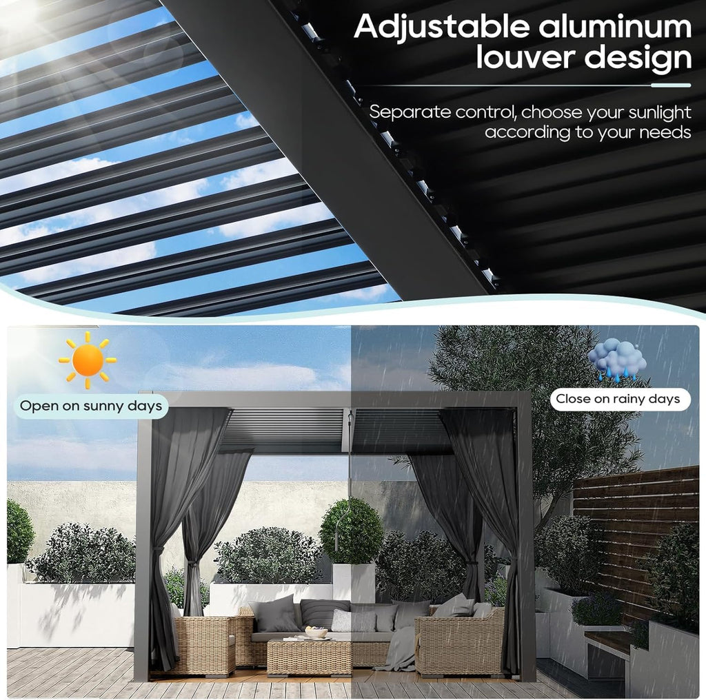 LVUYOYO 10' x 10' Louvered Pergola, Outdoor Pergola with Adjustable Roof, Aluminum Frame Metal Gazebo with Curtains and Netting for Patio, Backyard, Garden, Deck (Black)