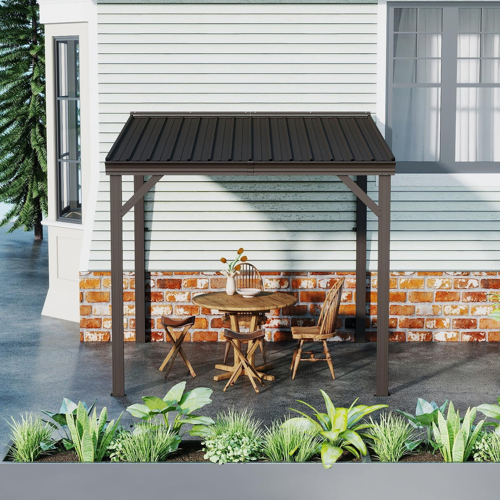 Domi 8' x 8' Wall-Mounted Hardtop Gazebo Pergola – Permanent Lean-to Outdoor Shelter with Sloped Galvanized Steel Roof & Upgraded Drainage – Grey Metal Patio Cover for Backyard, Deck, Garden, Brown