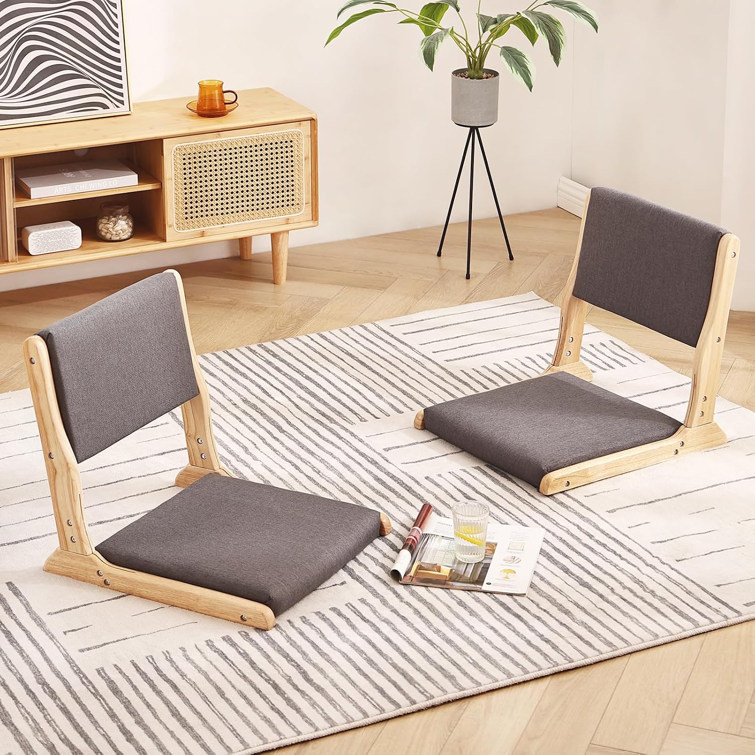 Tiita Floor Chair with Back Support, Foldable Meditation Tatami Chairs, Backrest Chair with Cushion, Living Room Chair Seat 2 Pack, Wood Dark Grey
