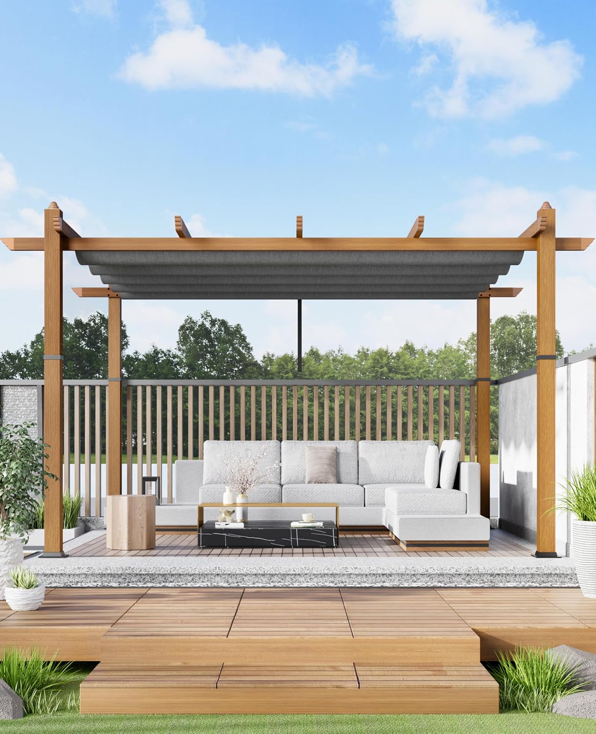 10x13 Ft Outdoor Retractable Pergola with Adjustable Roof Modern Metal Patio Gazebo, Upgraded Faux Wood Grain Aluminum Pergola for Deck, Backyard Gardens, Porches, Grapevines, Grey