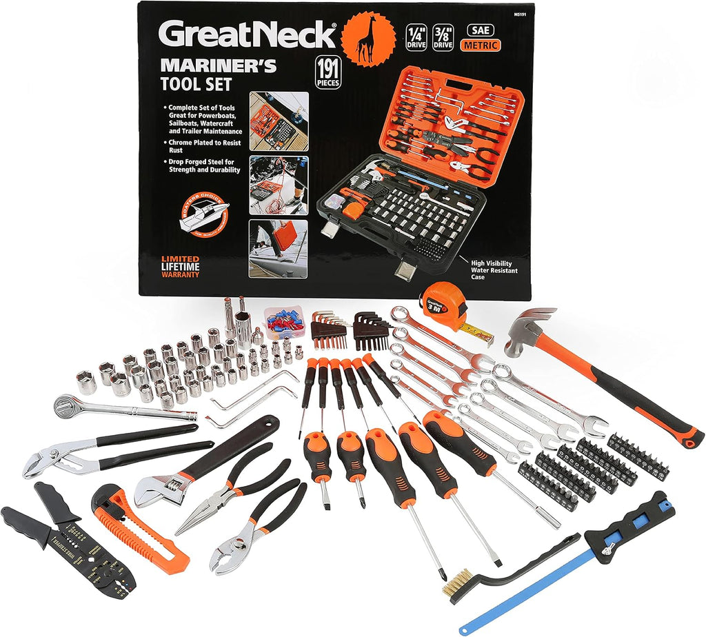 GreatNeck MS191 Mariner's Tool Set 191-Pc, Boat Tool Kit for Maintenance, Rust Resistant Boating Essentials, Includes Wrench, Socket, and Screwdriver Set