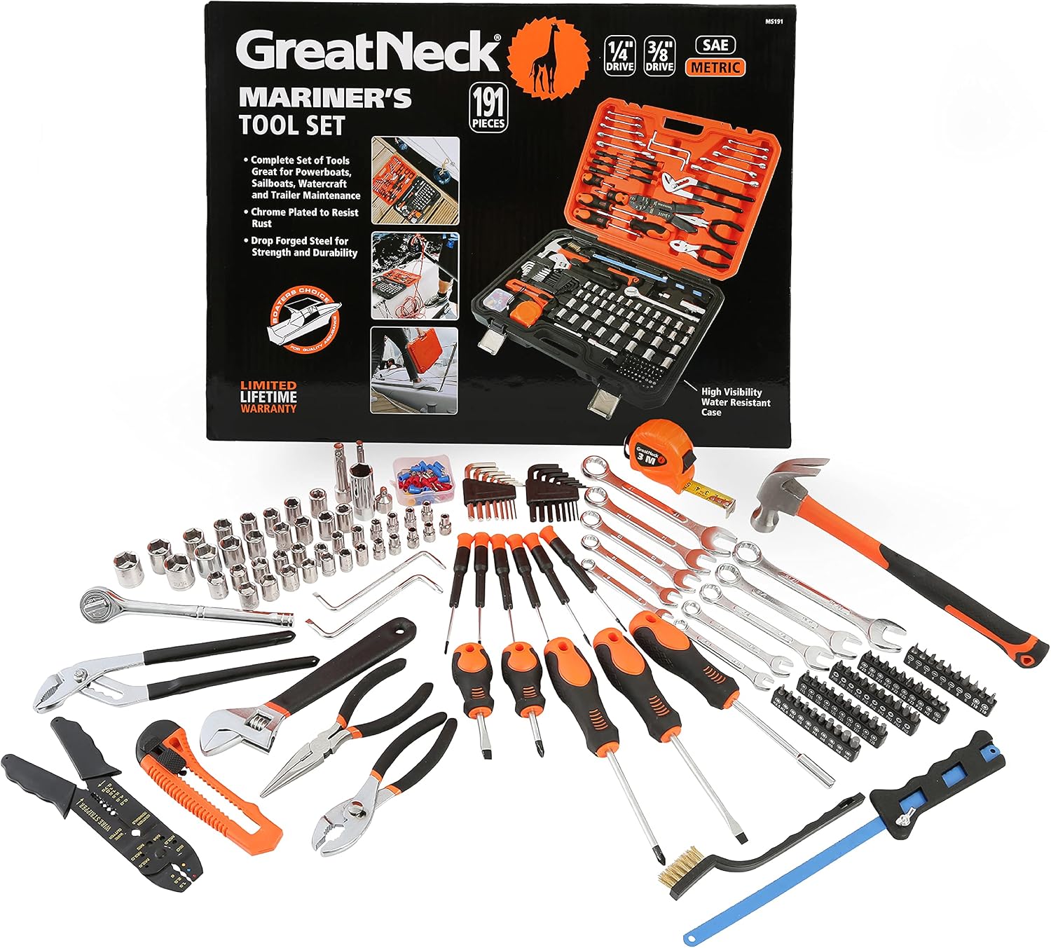 GreatNeck MS191 Mariner's Tool Set 191-Pc, Boat Tool Kit for Maintenance, Rust Resistant Boating Essentials, Includes Wrench, Socket, and Screwdriver Set