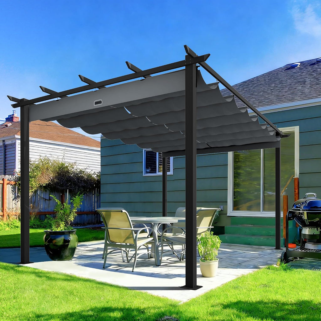 HAPPATIO 10' X 13' Retractable Pergola with Sun Shade Canopy, Patio Aluminum Frame Shelter for Backyards, Gardens, Porch, Includes Ground Studs and Expansion Screws (Grey)