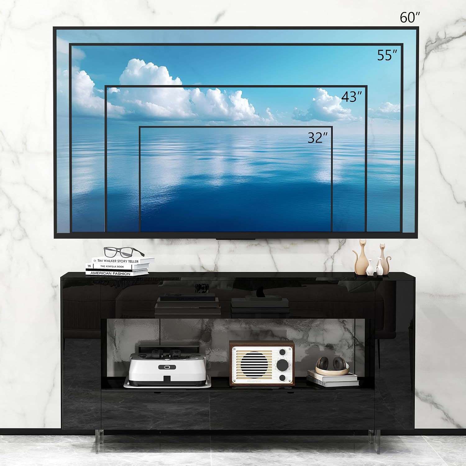 High Gloss TV Stand with 2 Large Drawers & Push-Open Doors - High Gloss Modern TV Console Storage Cabinet for Living Room, Office