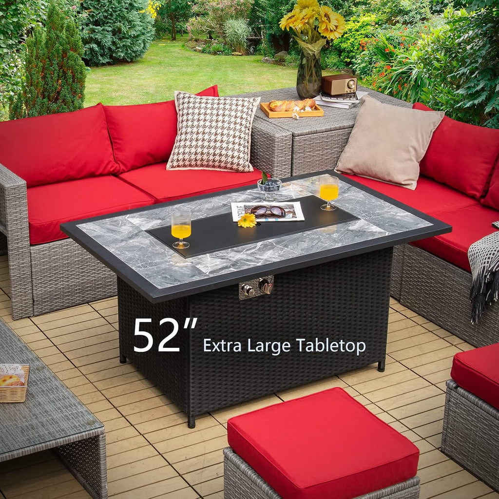 COSTWAY 52' Patio Propane Fire Pit Table, 50,000 BTU Outdoor Fire Table, Electric Pulse Ignition, Marble Tabletop & Weatherproof Rattan, Protective Cover Included, Perfect for Backyard, Poolside