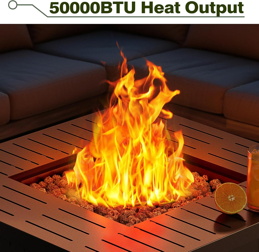 Dineli 28-Inch Square Propane Fire Pit Firepits for Outside Patio Fire Pit Table, Gas Fire Pits with Adjustable Feet, Tabletop Fire Pits for Backyard Deck Balcony, 50,000 BTU, Leaf Pattern - Black