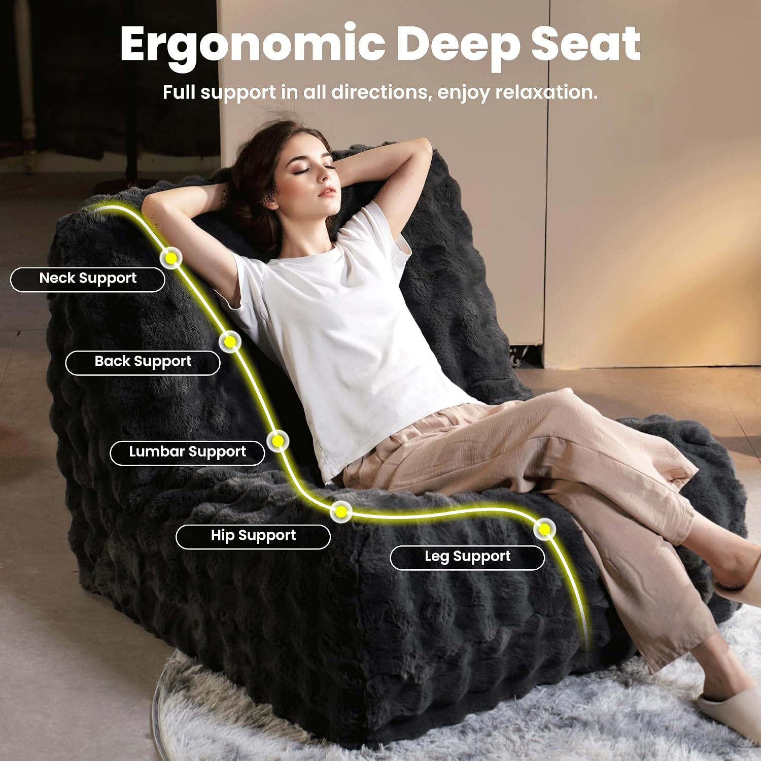 ovios Bean Bag Chair for Adult, Giant Beanbag with Plush Faux Fur, Comfy Large Big Lounger Floor Lazy Chair for Indoor Fireside Living Room Bedroom Dorm, Dark Grey