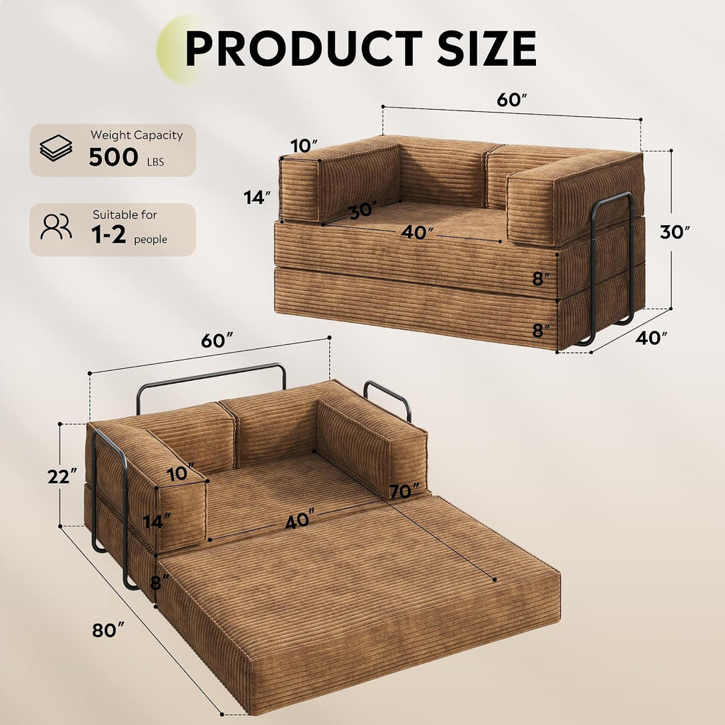 WLIVE 60'' Futon Sofa Bed, Convertible Sleeper Sofa, Folding Pull Out Couch Boneless Mattress with Fixed Frame, Corduroy, Brown