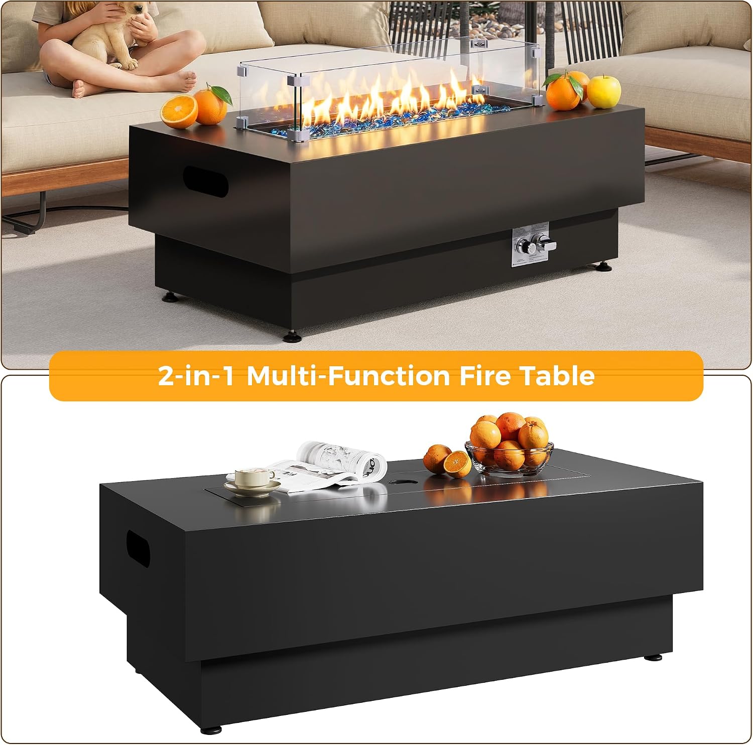 IRONCK 43-inch Outdoor Propane Fire Pit Table w Tank Table, CSA Certified, 2 in 1 Rectangular Patio Fire Pit w Glass Rocks, Wind Guard and Cover, 50000 BTU Outdoor Heater for Pool, Garden, Black