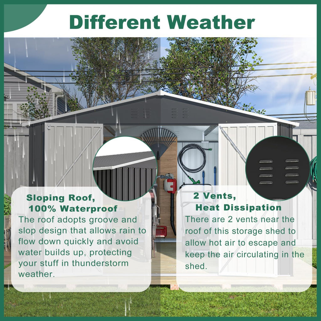 Geelife Outdoor Storage Shed 10x12 FT, Metal Tool Storage with Lockable Doors and Reinforced Frame, Black