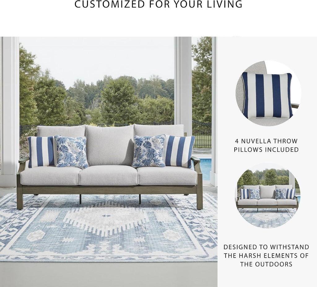 Signature Design by Ashley Rainier Ranch Casual Nuvella Weather Resistant Fabric, Outdoor Sofa with Cushion and 4 Accent Pillows, Light Brown & Light Gray