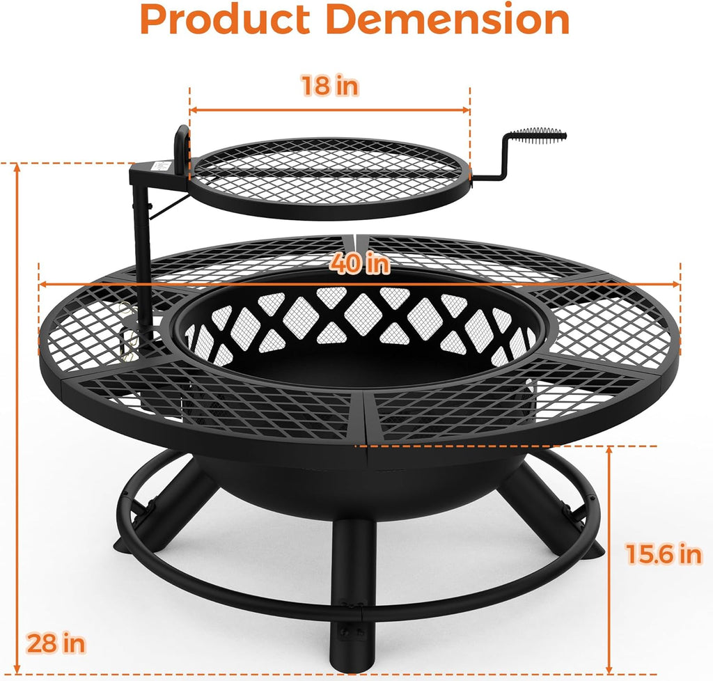 BALI OUTDOORS Fire Pit with Poker, 40 inch Outdoor Fire Pit Patio, Wood Burning Firepits for Outside with Grill