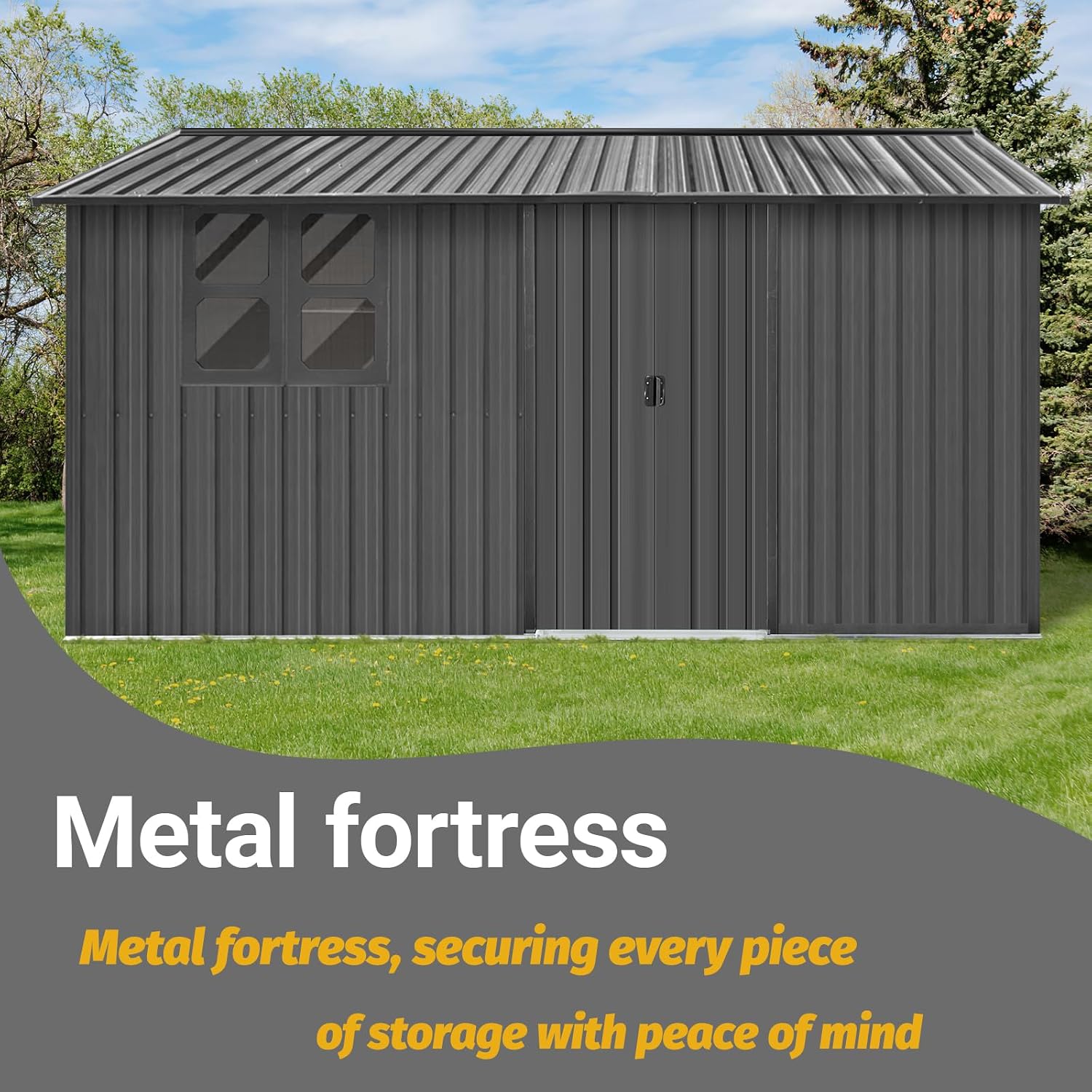 Shed with Windows,Large Metal Outdoor Storage Shed, Lockable Tool Storage shed, Steel Garden shed, Suitable for Backyard, Terrace, and Poolside (Grey, 12FTx10FT)
