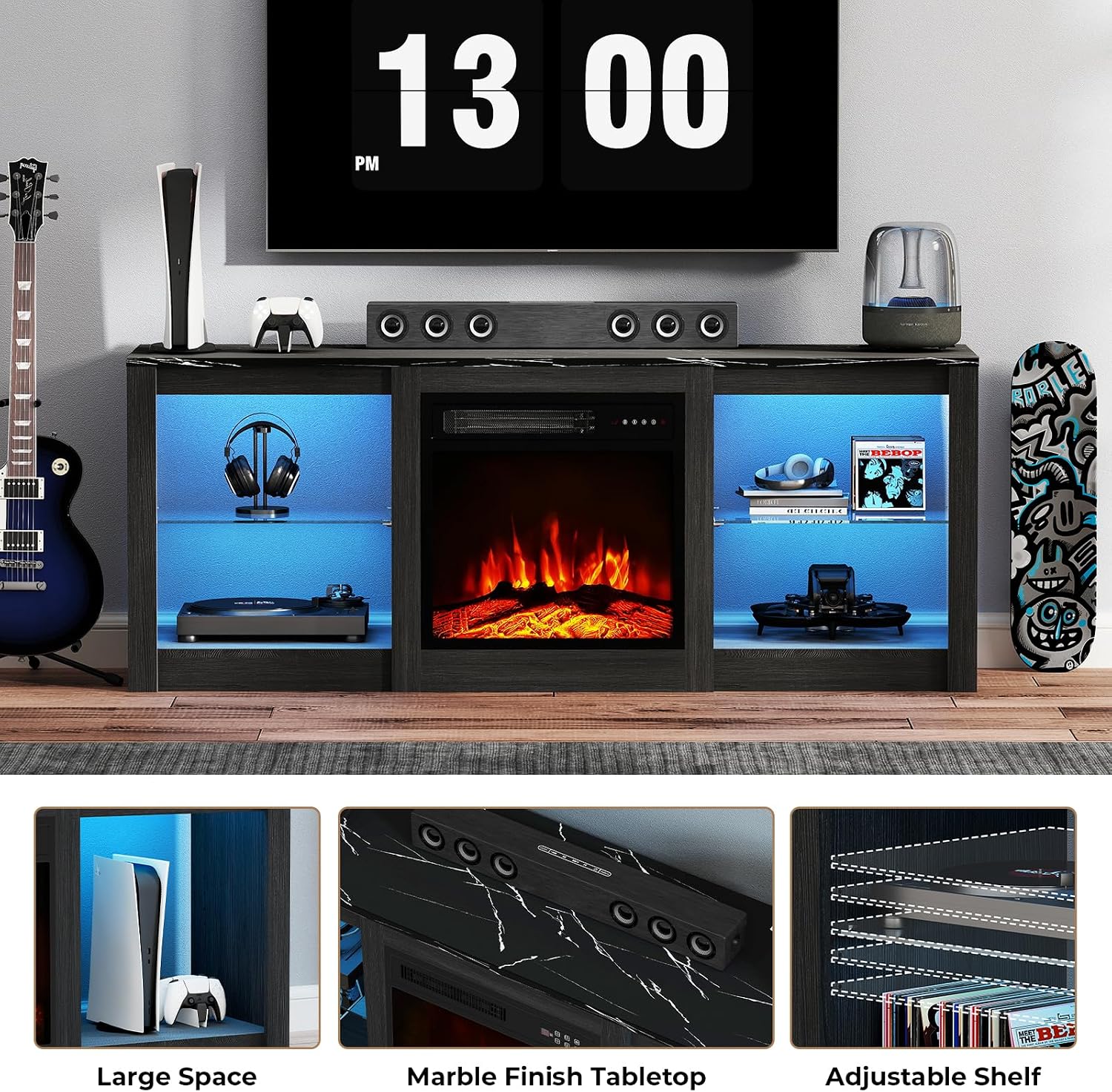 Electric Fireplace TV Stand for TVs Up to 65', 58' Entertainment Center Console Table with 18' Fireplace/LED Light/Power Outlet/Adjustable Shelves/Faux Marble Top for Living Room, Black