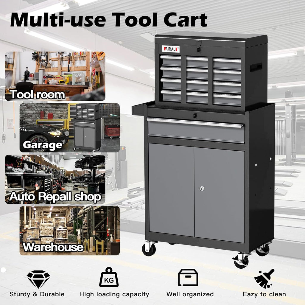 Tool Chest 7-Drawer | 40'' H Rolling Tool Chest with Wheels | Detachable Top Metal Tool Box | Garage Storage Cabinet for Repair Room,Warehouse | Rolling Tool Box with Hooks,Liners,Tray Divider | Black