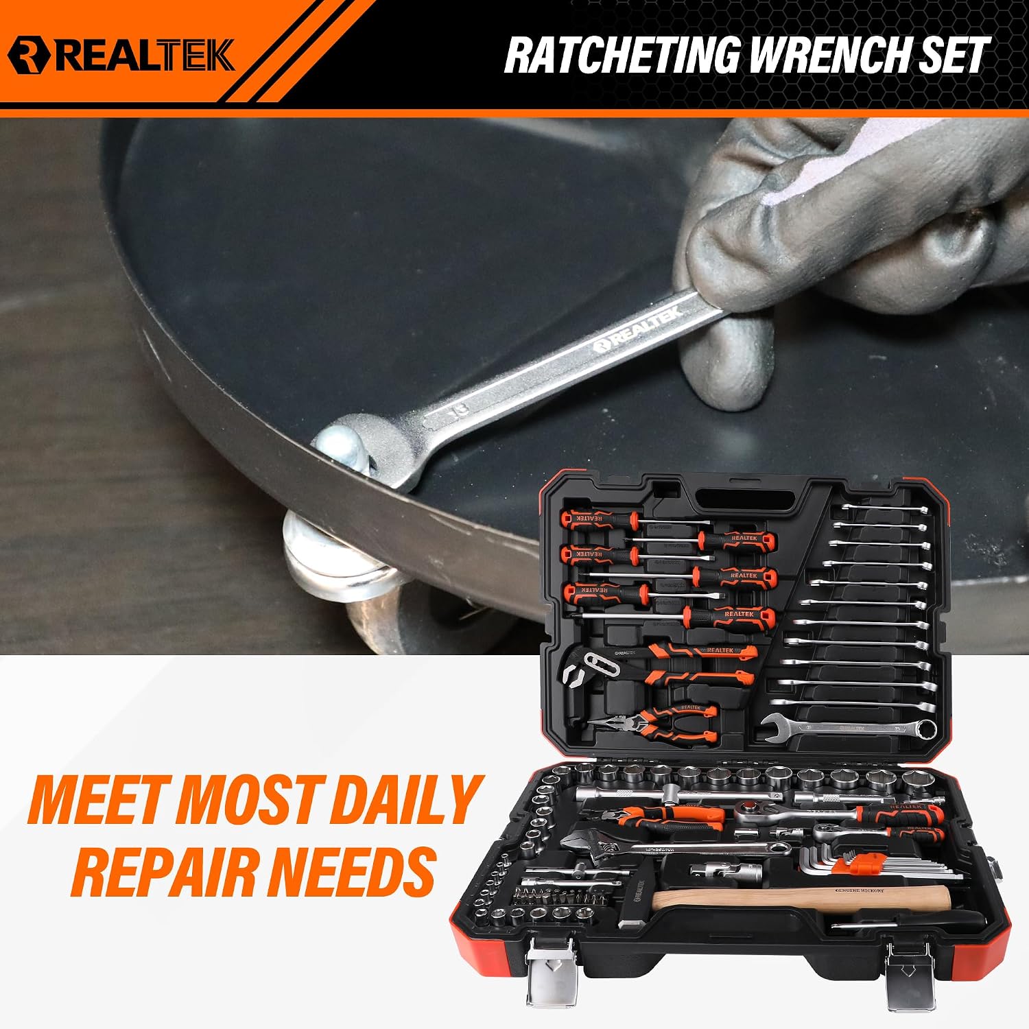 REALTEK 100 Piece Mechanic Tool Set, Car Tool Kit, Cr-V Socket Wrench Auto Repair Kit Includes Socket Accessories, Pliers, Heavy Hammer, Screw Drivers, General Households Tools with Larger Case