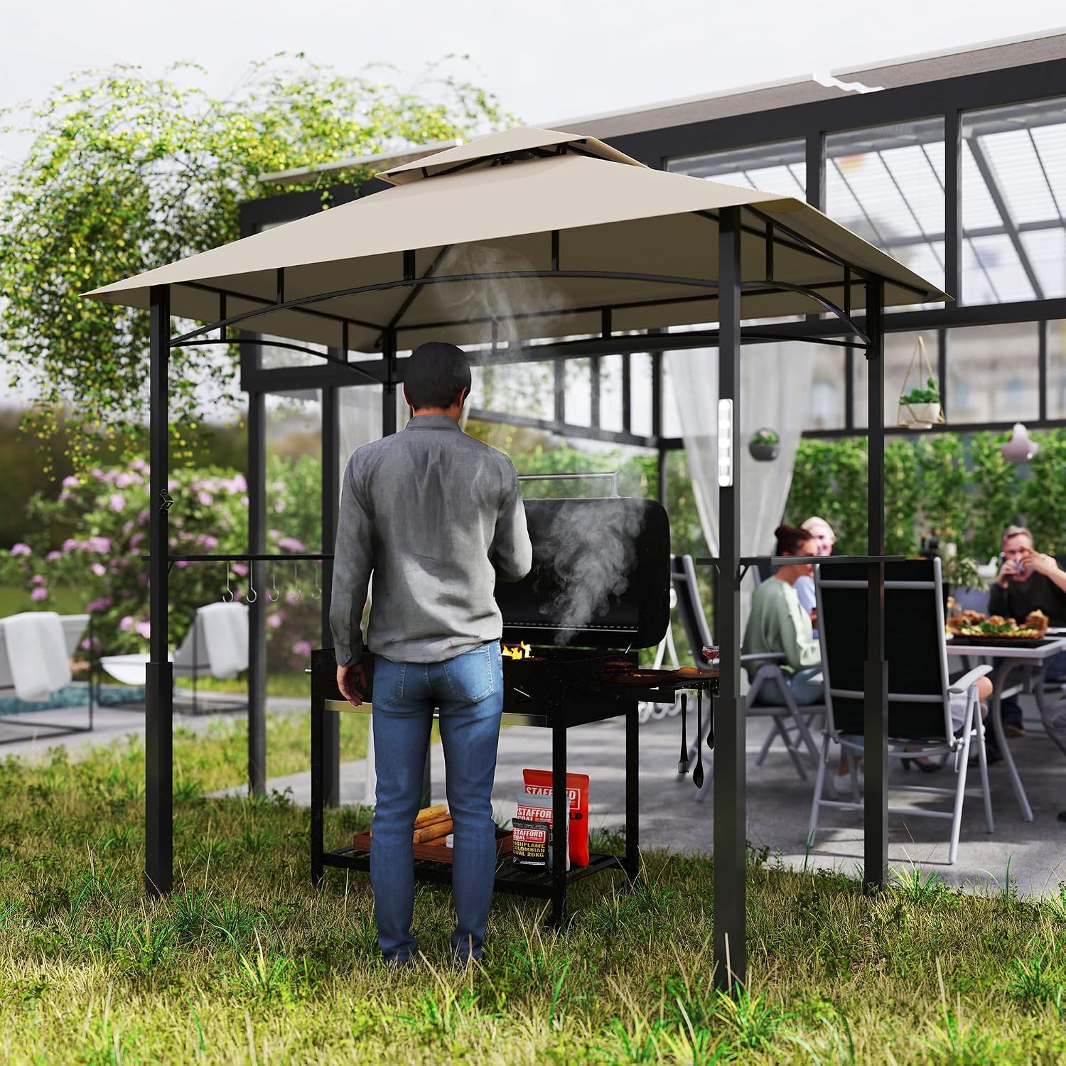 Outsunny 8' x 5' Grill Gazebo, Double Tiered Outdoor BBQ Gazebo with LED Light, 2 Side Shelves, Hooks and Bottle Opener for Patio Deck Yard, Khaki