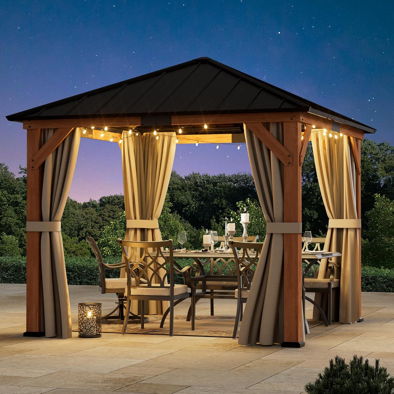 Big Leaf 10'x10' Wood Gazebo with Galvanized Steel Roof - Hardtop Gazebo with Cedar Frame Permanent Hardtop with Mosquito Netting & Curtains for Garden, Backyard and Patio