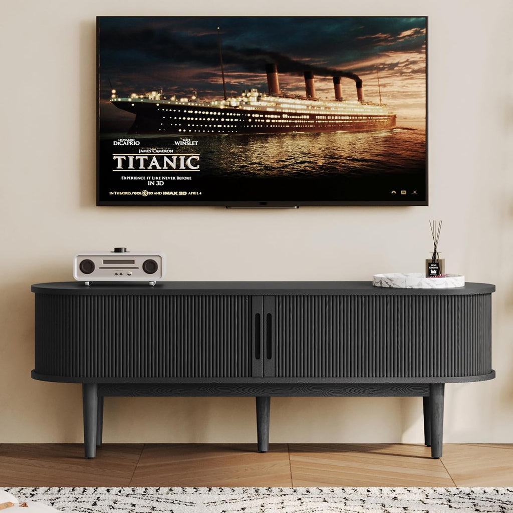 LINSY HOME 58' Fluted TV Stand for TVs up to 65 Inch, Mid Century Modern Entertainment Center with Storage Cabinet and Sliding Doors, Farmhouse Wood Media TV Console for Living Room, Bedroom, Black