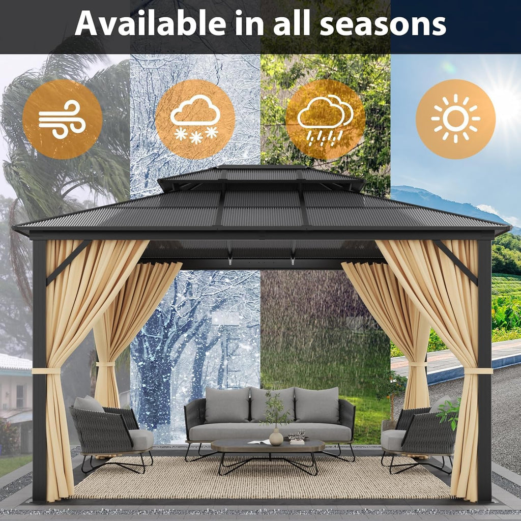 10' x 12' Hardtop Gazebo, Aluminum Frame Gazebo with Galvanized Steel Double Roof, Curtains and Netting, Outdoor Canopy Metal Permanent Pavilion for Garden Patio Deck Backyard, Brown