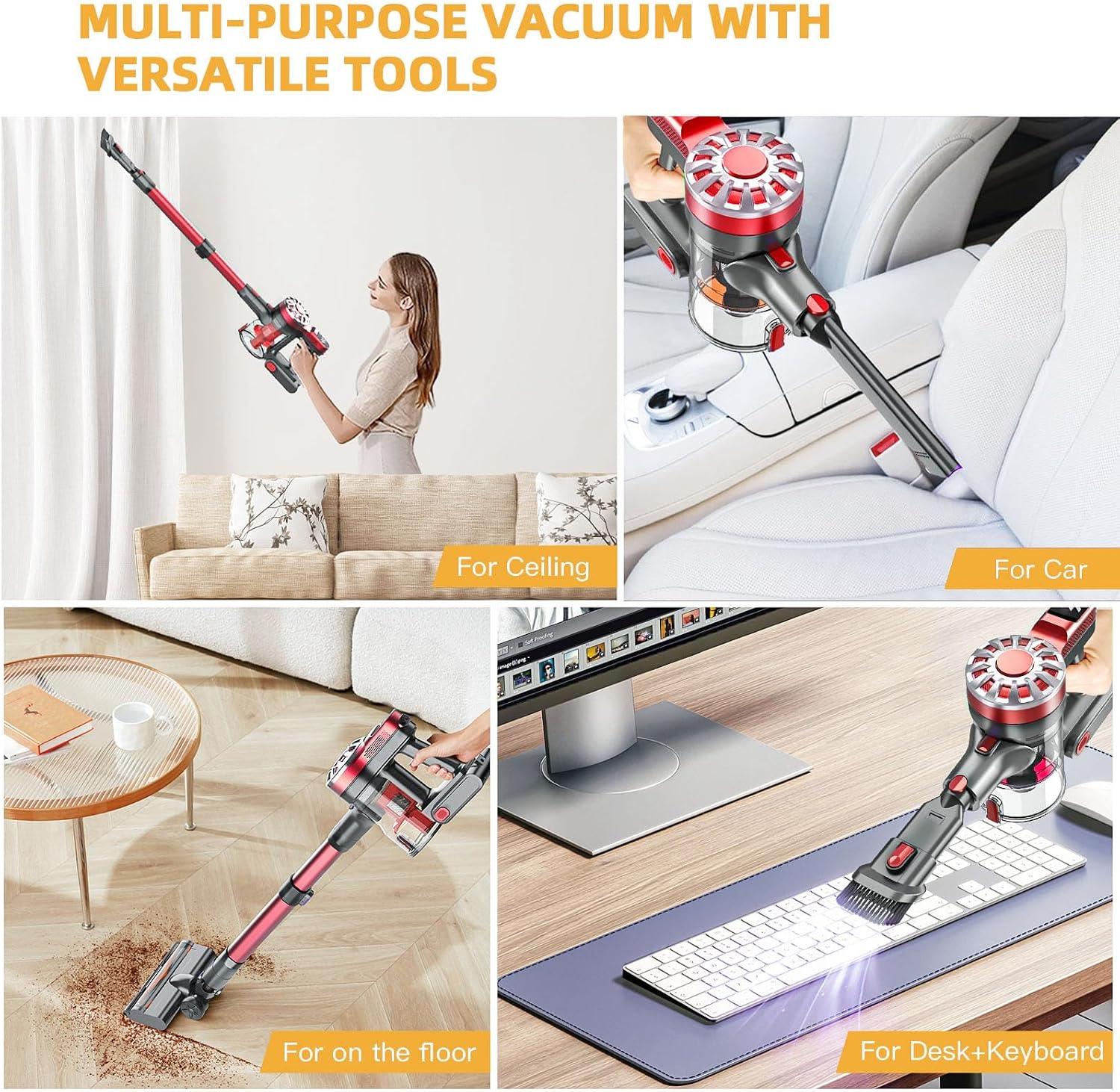 WLOTPO Lightweight Stick Vacuum Cordless Rechargeable with Power Suction, Up to 35 Mins Runtime, Hardwood Floor Vacuum for Pet Hair, Carpets, Tile(Gray Red)