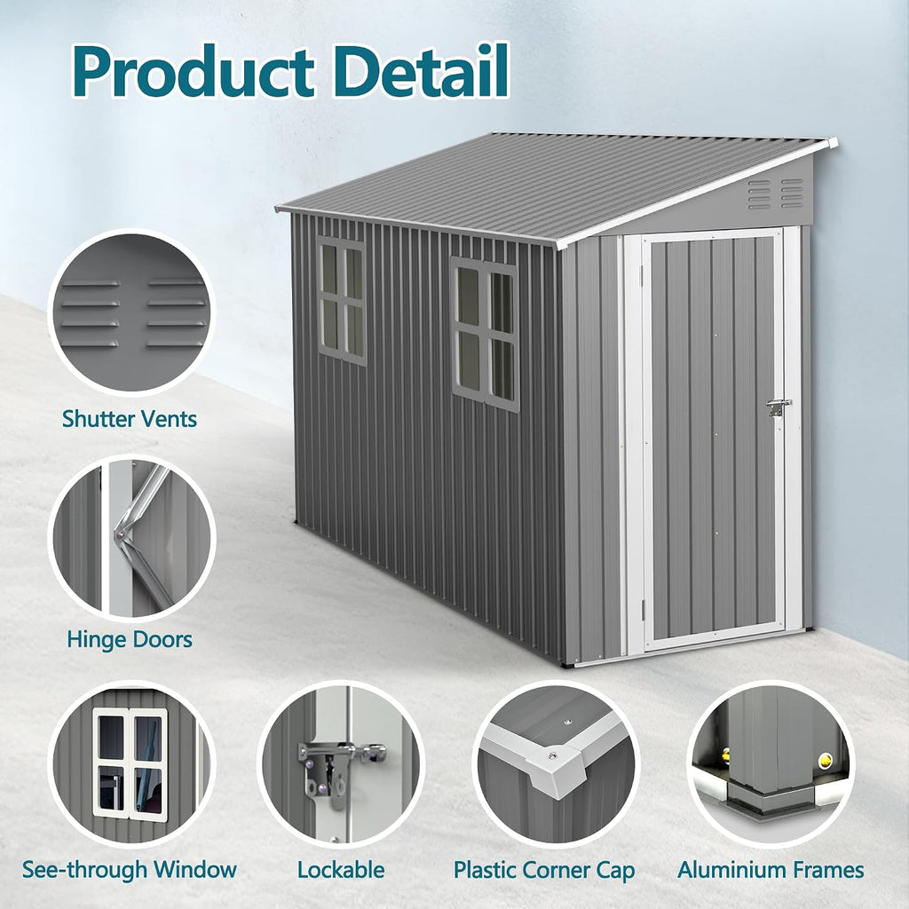 YOPTO 4x10 FT Lean to Outdoor Storage Shed with Floor Kit,Metal Shed W/Left/Right Optional Lockable Door & 2 Windows,Garden Tool Storage House W/Air Vents & Sloping Roof,for Backyard,Patio,Gray