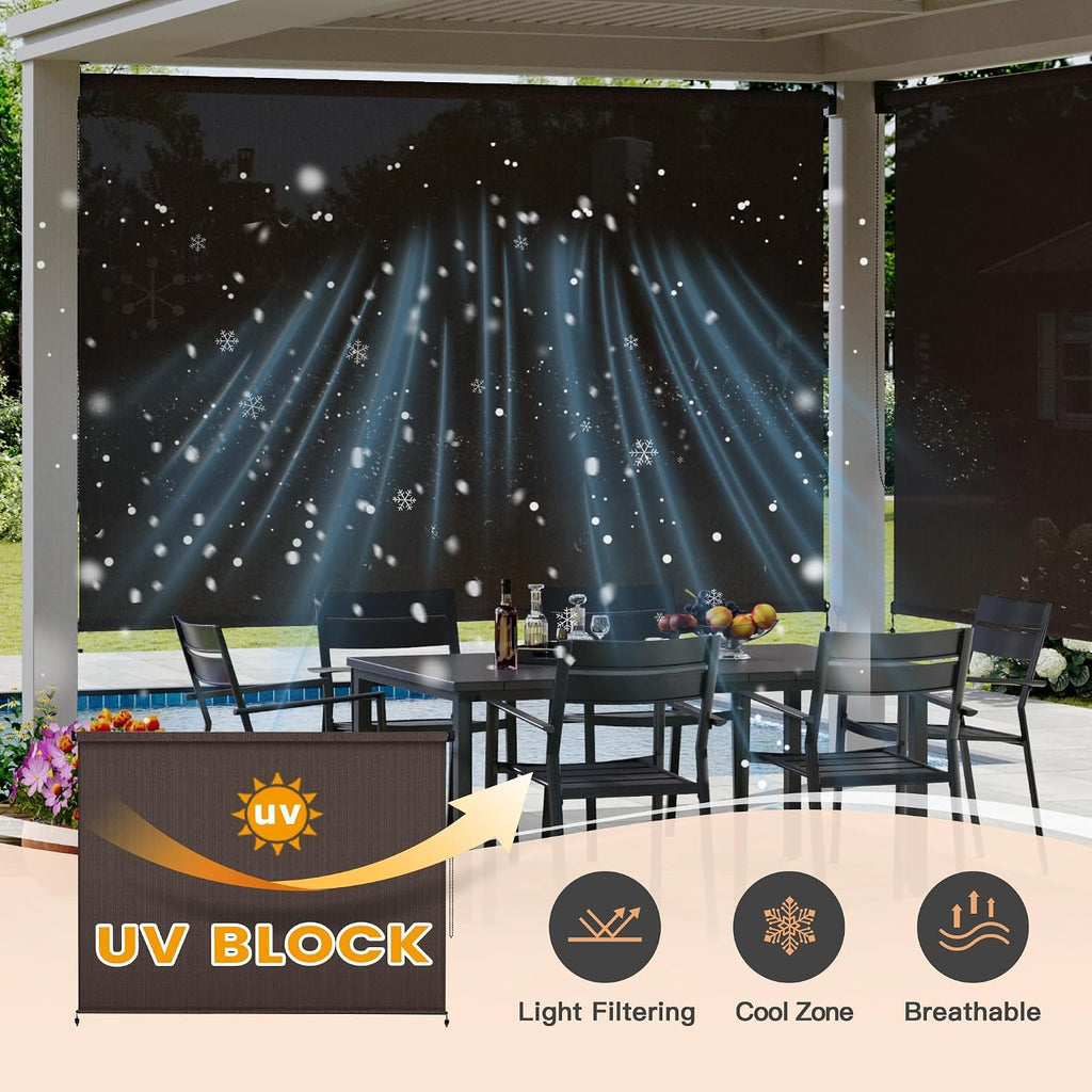 VICLLAX Outdoor Roller Shade (10' W×8' L), Patio Corded Roller Blinds, Exterior Roll Up Shade with Spliced Design for Patio Porch Gazebo, Chocolate