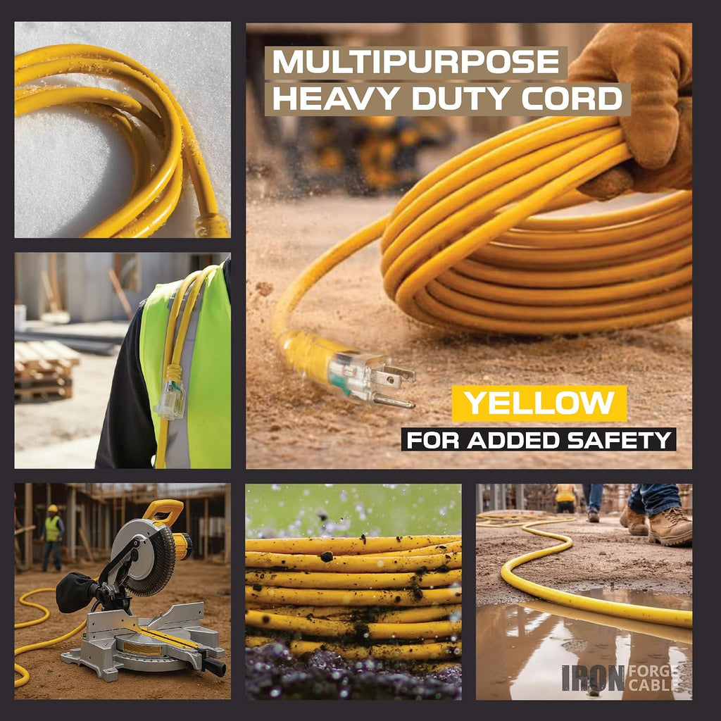 IRON FORGE CABLE 2 Pack of 50 Ft Outdoor Extension Cords - 12/3 SJTW Heavy Duty Yellow 3 Prong Extension Cable, 15 AMP - Great for Garden and Major Appliances