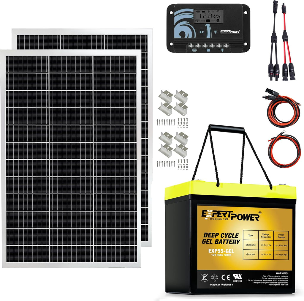 ExpertPower 200W 12V Solar Power Kit | 200-watt Mono Rigid Panel + 12V 55Ah Gel Battery + 20A Solar Charge Controller, for RV, Cabin, Off-Grid DIY, Solar Projects and More