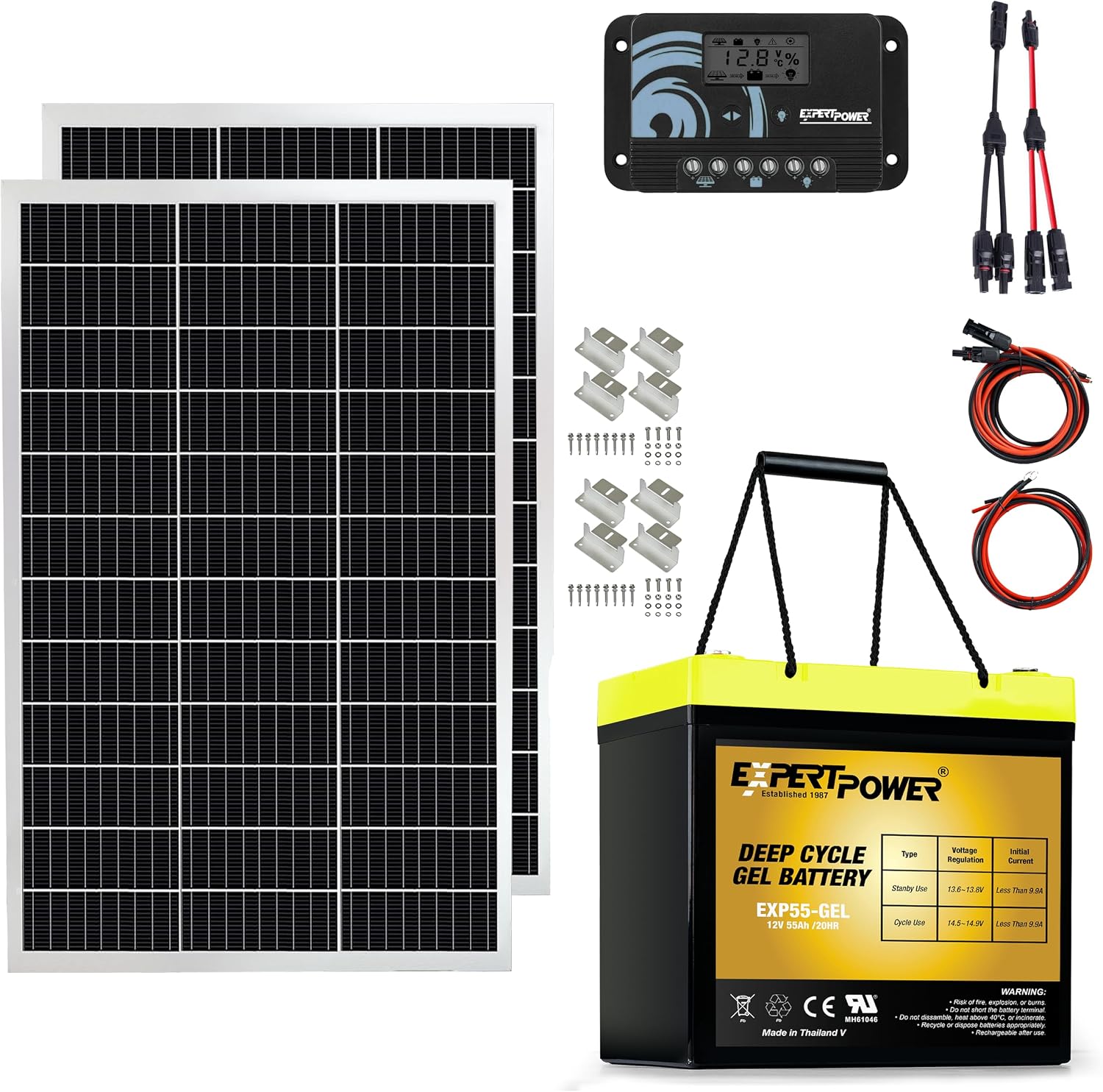 ExpertPower 200W 12V Solar Power Kit | 200-watt Mono Rigid Panel + 12V 55Ah Gel Battery + 20A Solar Charge Controller, for RV, Cabin, Off-Grid DIY, Solar Projects and More