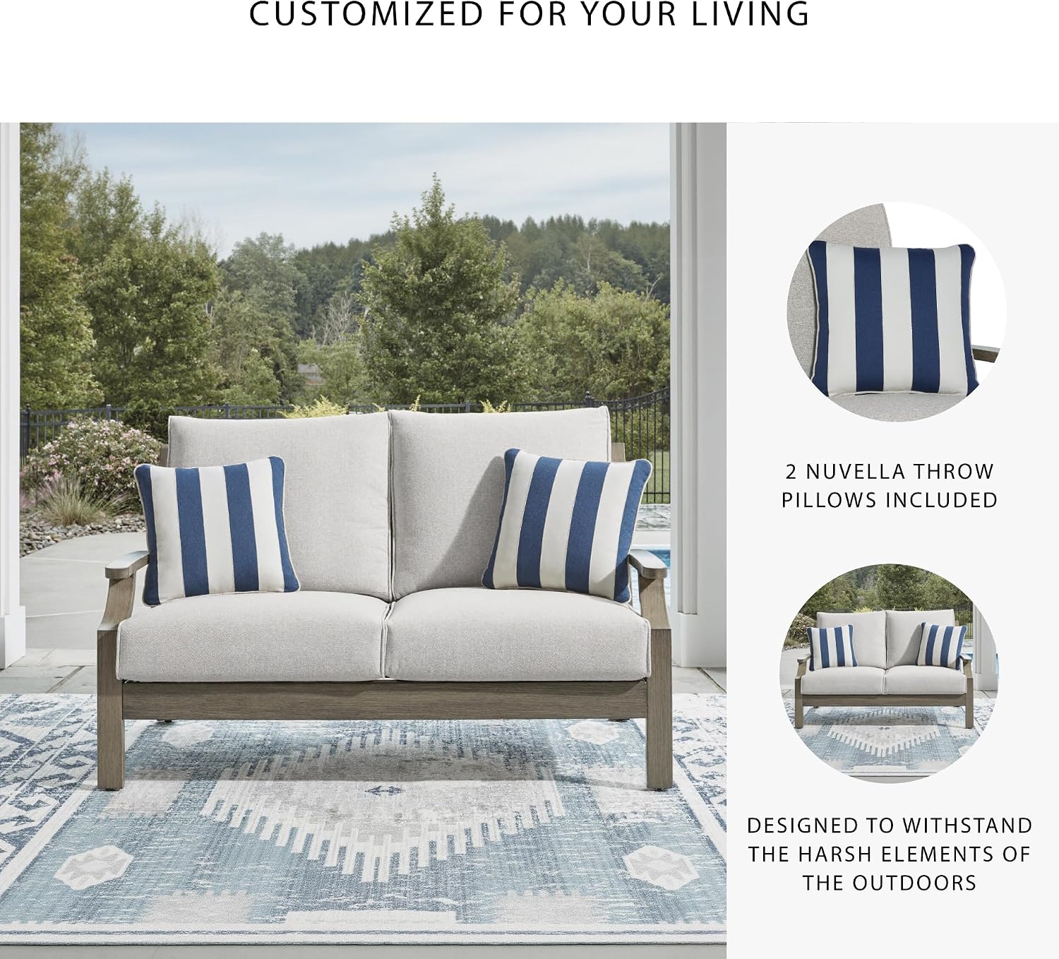 Signature Design by Ashley Rainier Ranch Casual Nuvella Weather Resistant Fabric Outdoor Loveseat with Cushion and 2 Accent Pillows, Light Brown & Light Gray