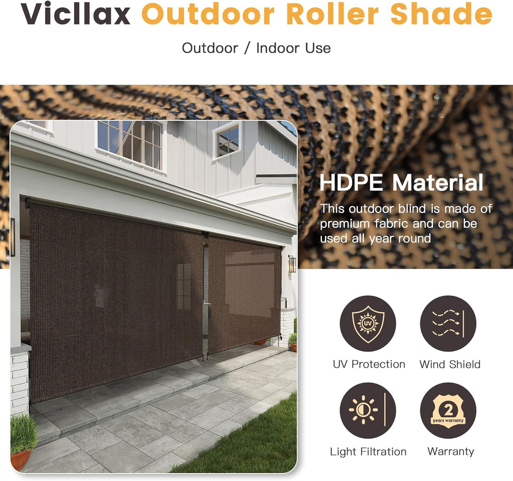 VICLLAX Outdoor Roller Shade Fabric for Porch Gazebo, Patio Cordless Blinds Roll Up Shade (9' W X 8' L), Mocha