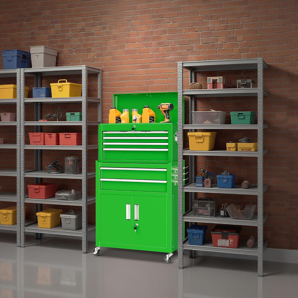 Bonusall 8 Drawer Rolling Tool Chest and Cabinet Combo,Heavy-Duty Metal Garage Tool Chest with Wheels and 2 Doors,2-in-1 Top Box and Roller Cabinet Combo for Garage, Workshop, Warehouse-Green