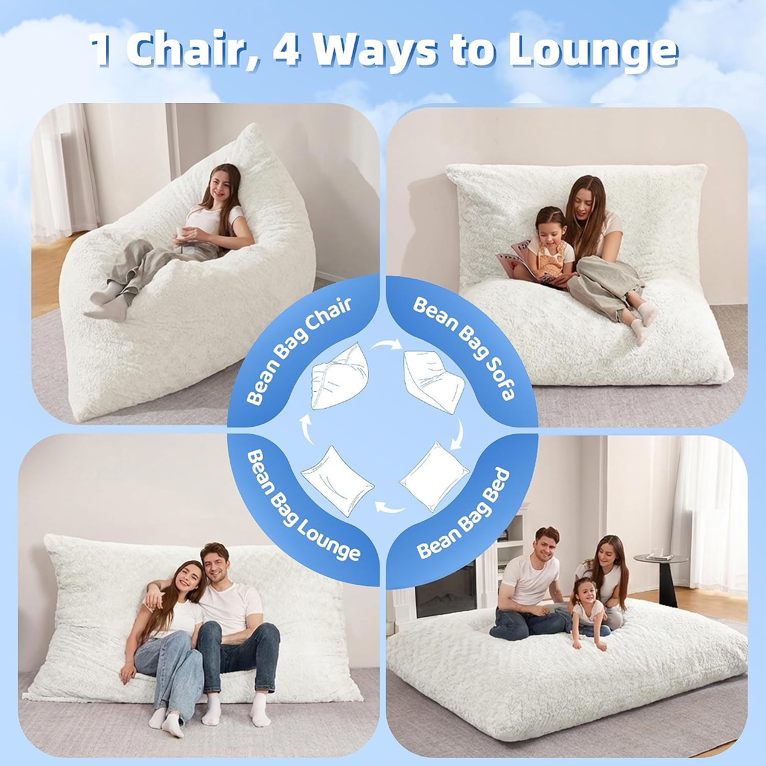 HABUTWAY 4 in 1 Bean Bag Chair, Giant Memory Foam Filling Bean Bag Sofa, Adult Bean Bag Chair, Machine Washable Faux Fur Cover, Bean Bag for Adult (White)