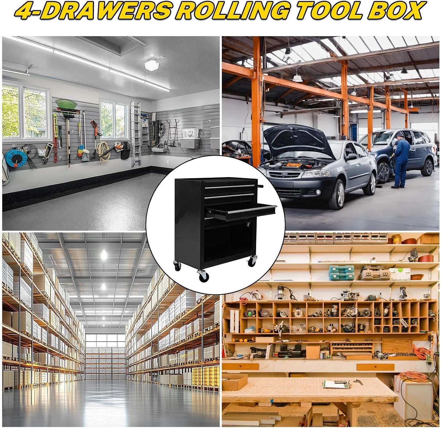 233PCS 4 Drawers Rolling Tool Box with Tool Sets, Heavy Duty Steel Garage Storage Cabinet with Lockable Wheels, Mechanic Organizer for Home, Auto, Workshop, Warehouse, Black