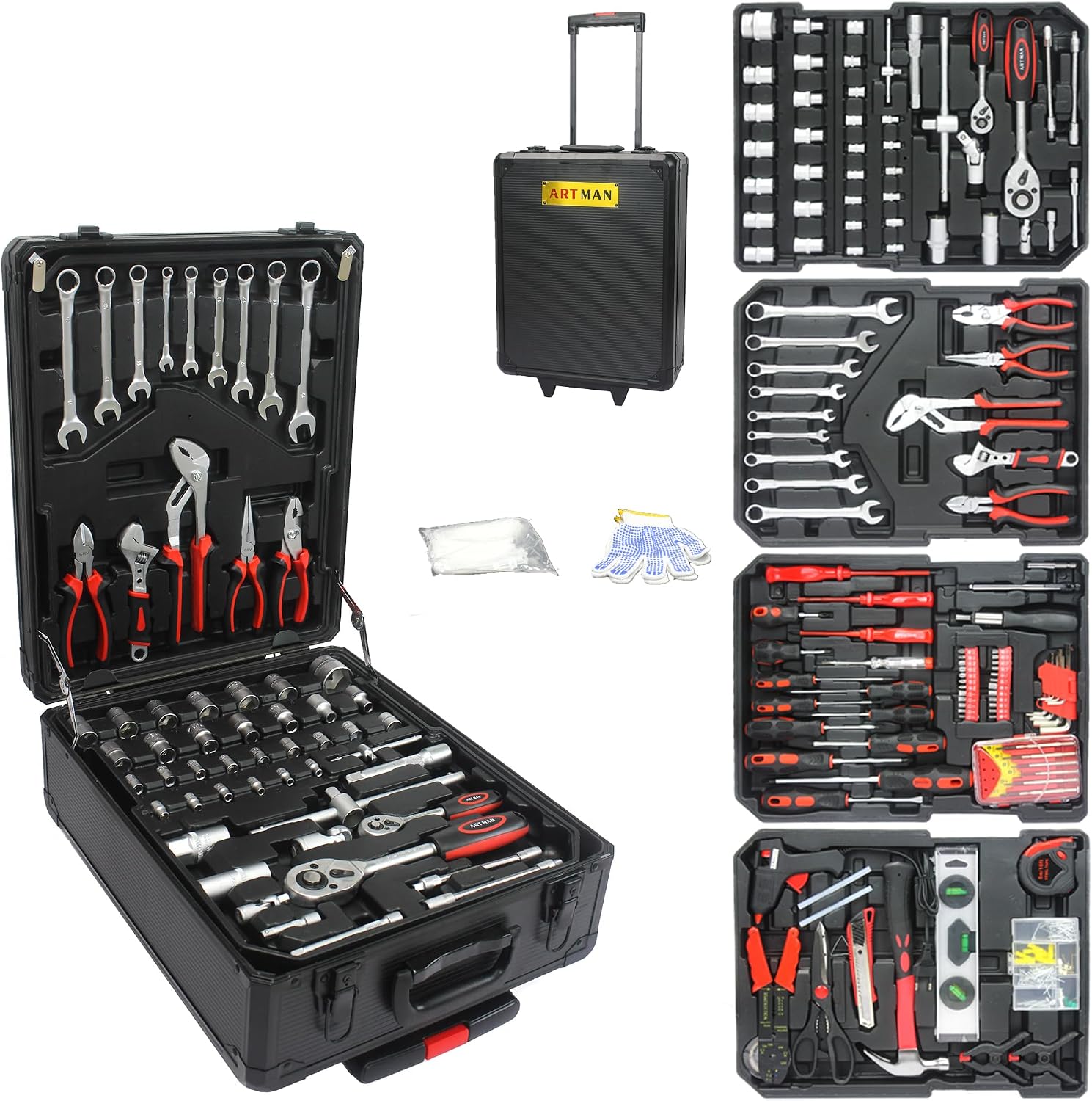899pcs Rolling Tool Box Set with Lock,Rolling Trolley Case Tool Sets, 4 Layer of Tool Sets 90 Piece Tool Kits on Wheel, Wrench Socket Rolling Hand Tool Box Tool Kit for Garage,Repair Kit(Black)