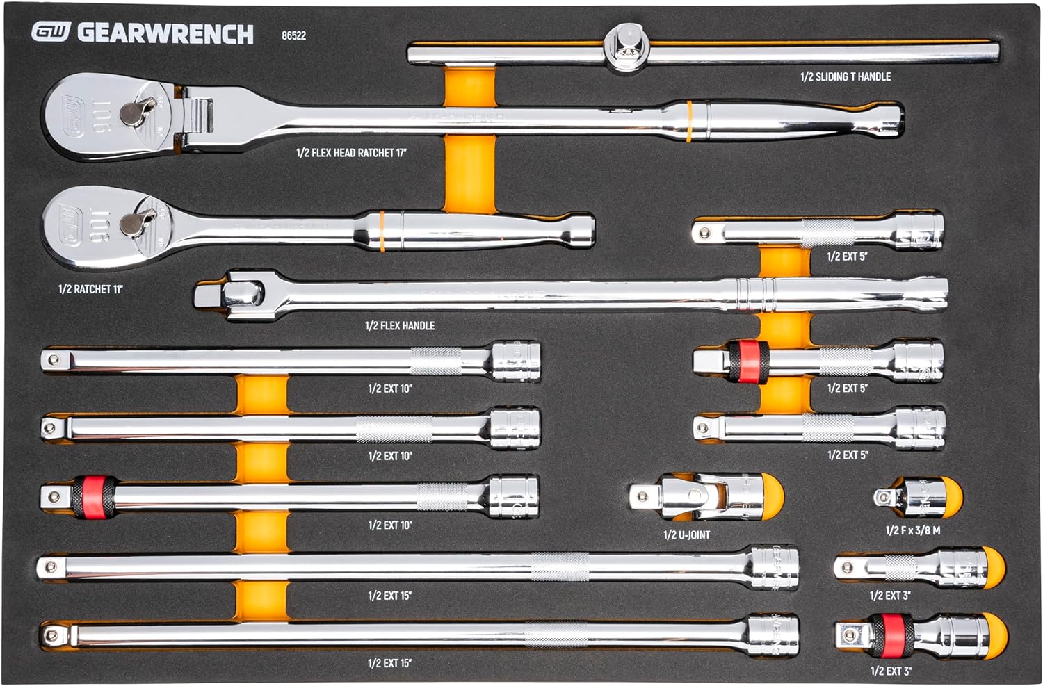 GEARWRENCH 16 Piece 1/2' 90T Ratchet & Drive Tool Set with EVA Foam Tray - 86522