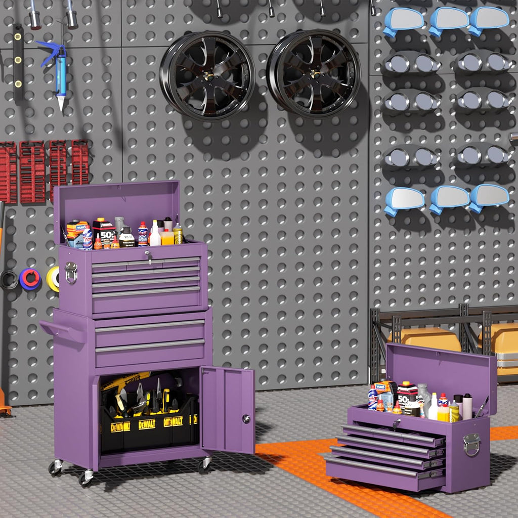INTERGREAT Tool Chest, Assembled 8-Drawers Rolling Tool Chest with Wheels, Detachable Top Tool Box, Tool Cabinet for Repair Room,Warehouse, Rolling Tool Box with Hooks,Tray Divider,Liners(Purple)