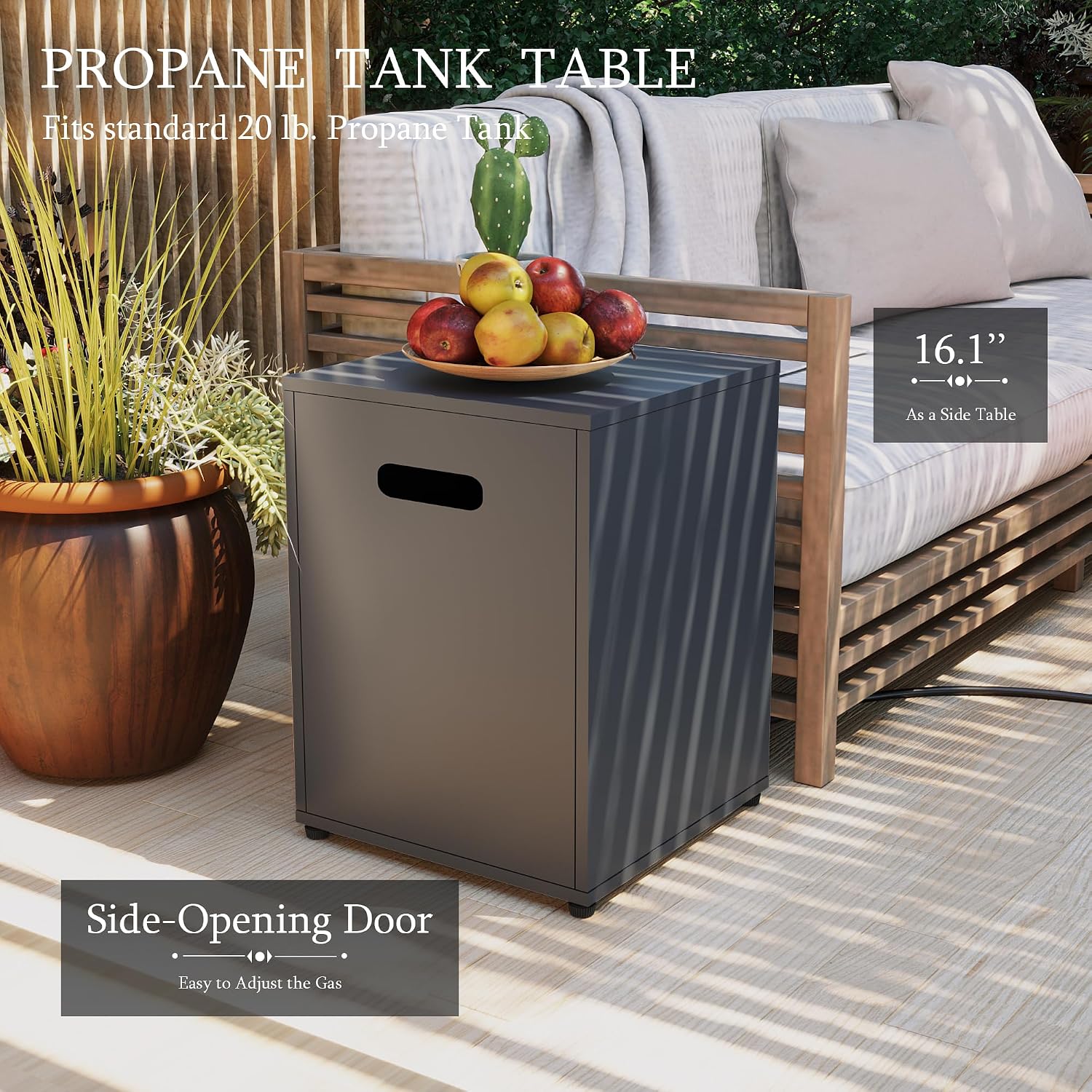 UPHA 42-inch Outdoor Propane Gas Fire Pit Table 50000 BTU Iron Round Firepit for Outside Patio with Tank Hidden Table, Wind Guard, Removable Lid, Blue Glass Rocks, Rain Cover, Grey