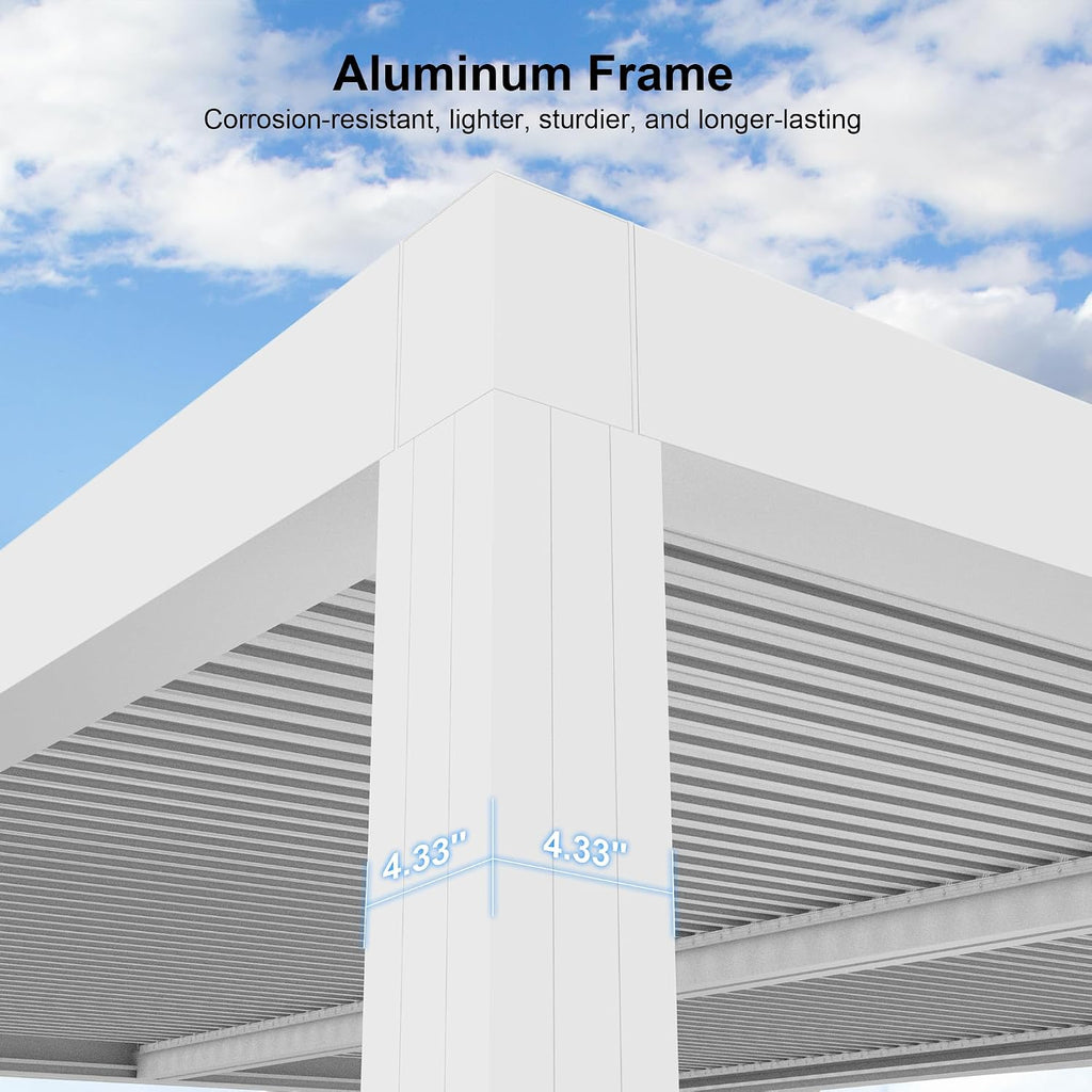 PURPLE LEAF Louvered Pergola 10' x 14' White Outdoor Aluminum Pergola Adjustable Gazebo Rainproof for Patio Deck Garden, 1 Long Side