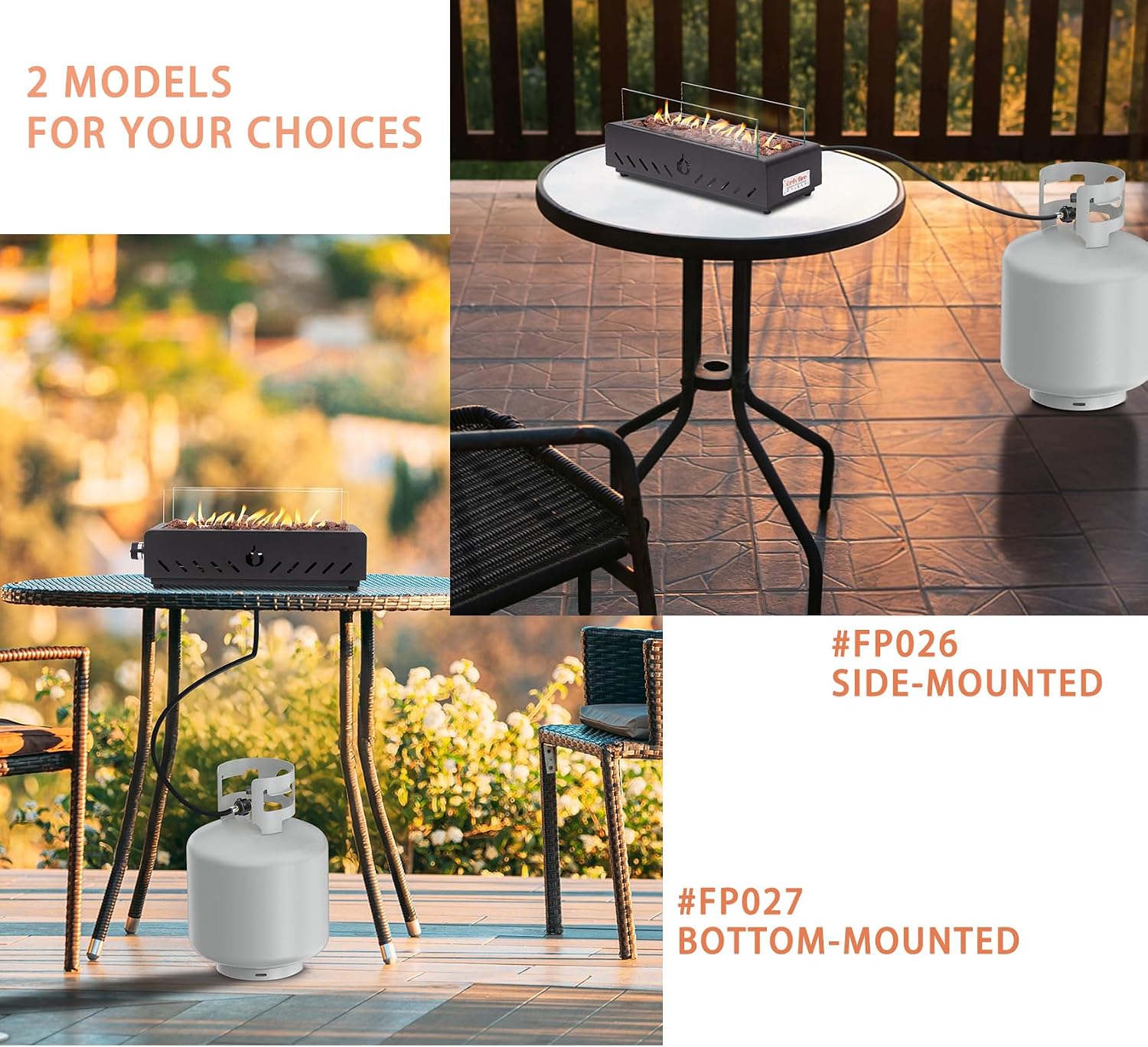 18' Tabletop Propane Gas Fire Pit Bottom-mounted for Table with Umbrella Hole, Portable Smokeless Firepit with Glass Wind Guard for Patio Backyard Camping RV Tailgating, #FP027