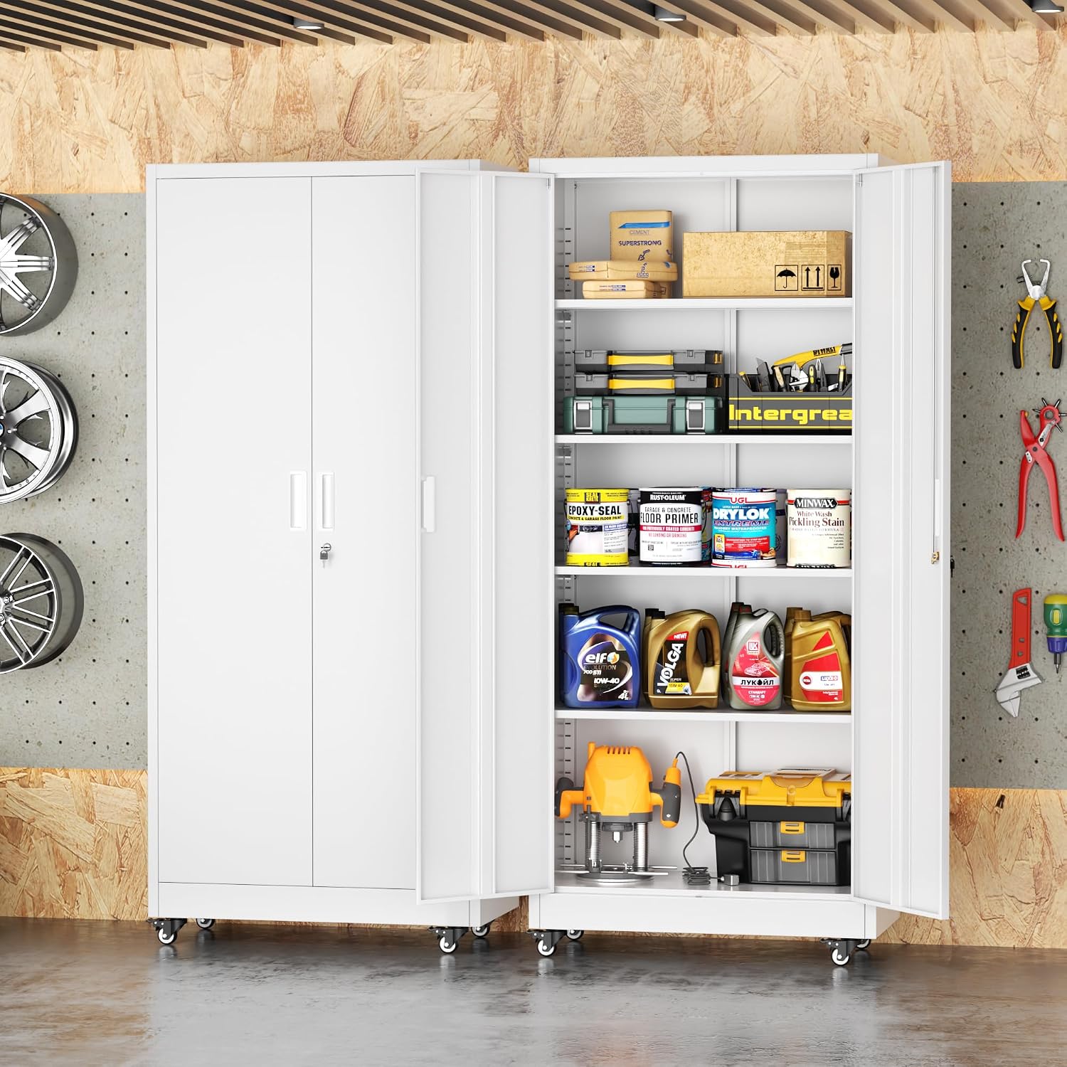 Superday 72' Metal Cabinet with Wheels, Lockable Steel Utility Cabinet with 2 Doors and 4 Adjustable Shelves, Tall Storage Cabinets for Garage, Home Office, Kitchen Pantry, Living Room, White