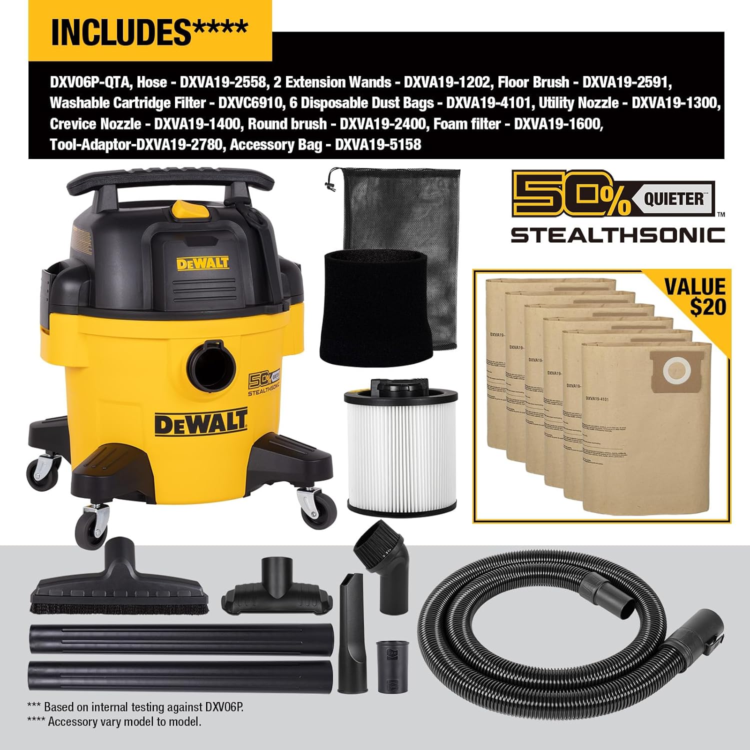 DEWALT 6 Gal Stealthsonic Shop Vacuum Wet and Dry, 5 Peak HP Shop Vac with Poweful Suction, Ultra-Quiet Shopvac Wet Dry Vacuum Cleaner with 6 Dust Bages for Home, Jobsite, Workshop, Garage and Auto