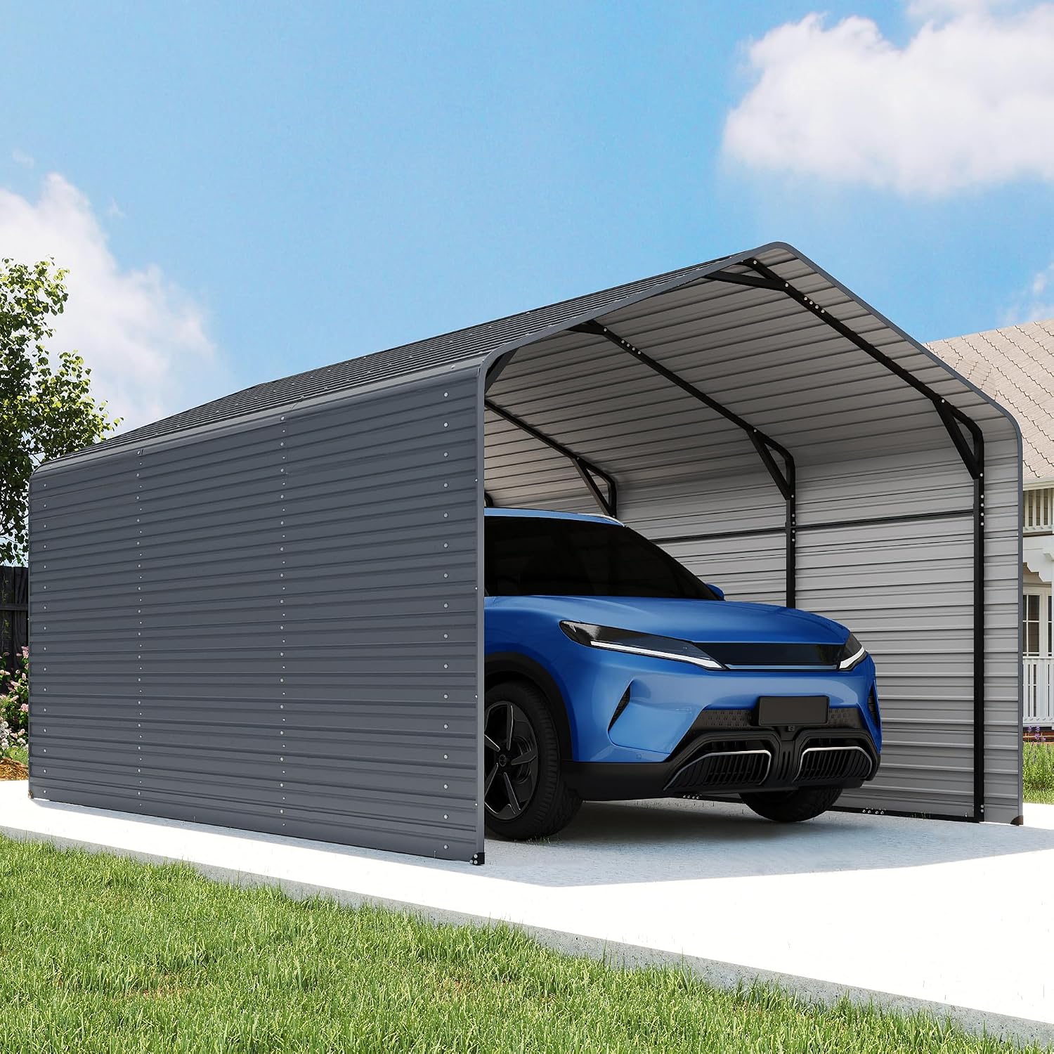 10x15FT Heavy Duty Metal Carport,Outdoor Garage with Metal Side Panels, Enclosed Car Ports with Heavy Duty Steel Frame and Galvanized Roof for Cars and Boats, Equipment Storage,Tools, Gray