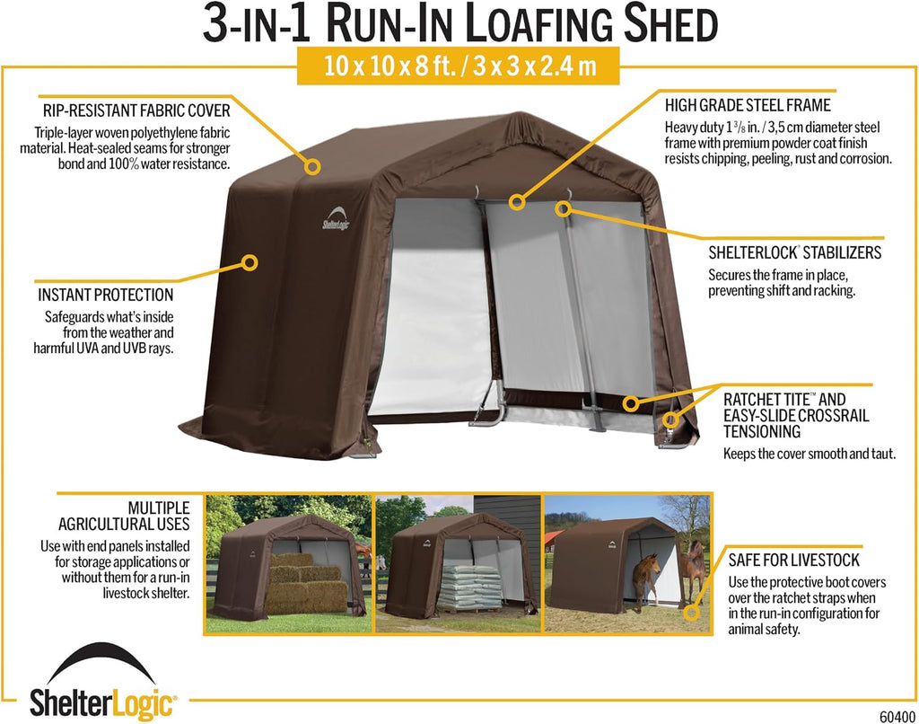ShelterLogic 10' x 10' x 8' 3-in-1 Outdoor Loafing Shed Animal Shelter with Waterproof Cover, All-Weather Outdoor Storage Shed for Animals, Agriculture, and Farm Equipment, Brown
