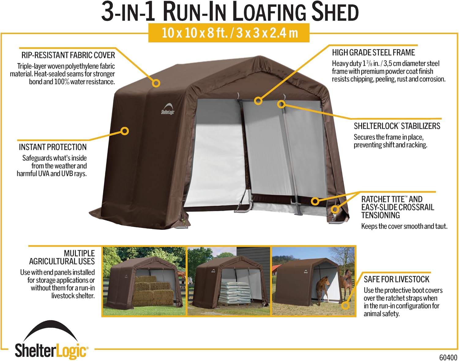 ShelterLogic 10' x 10' x 8' 3-in-1 Outdoor Loafing Shed Animal Shelter with Waterproof Cover, All-Weather Outdoor Storage Shed for Animals, Agriculture, and Farm Equipment, Brown