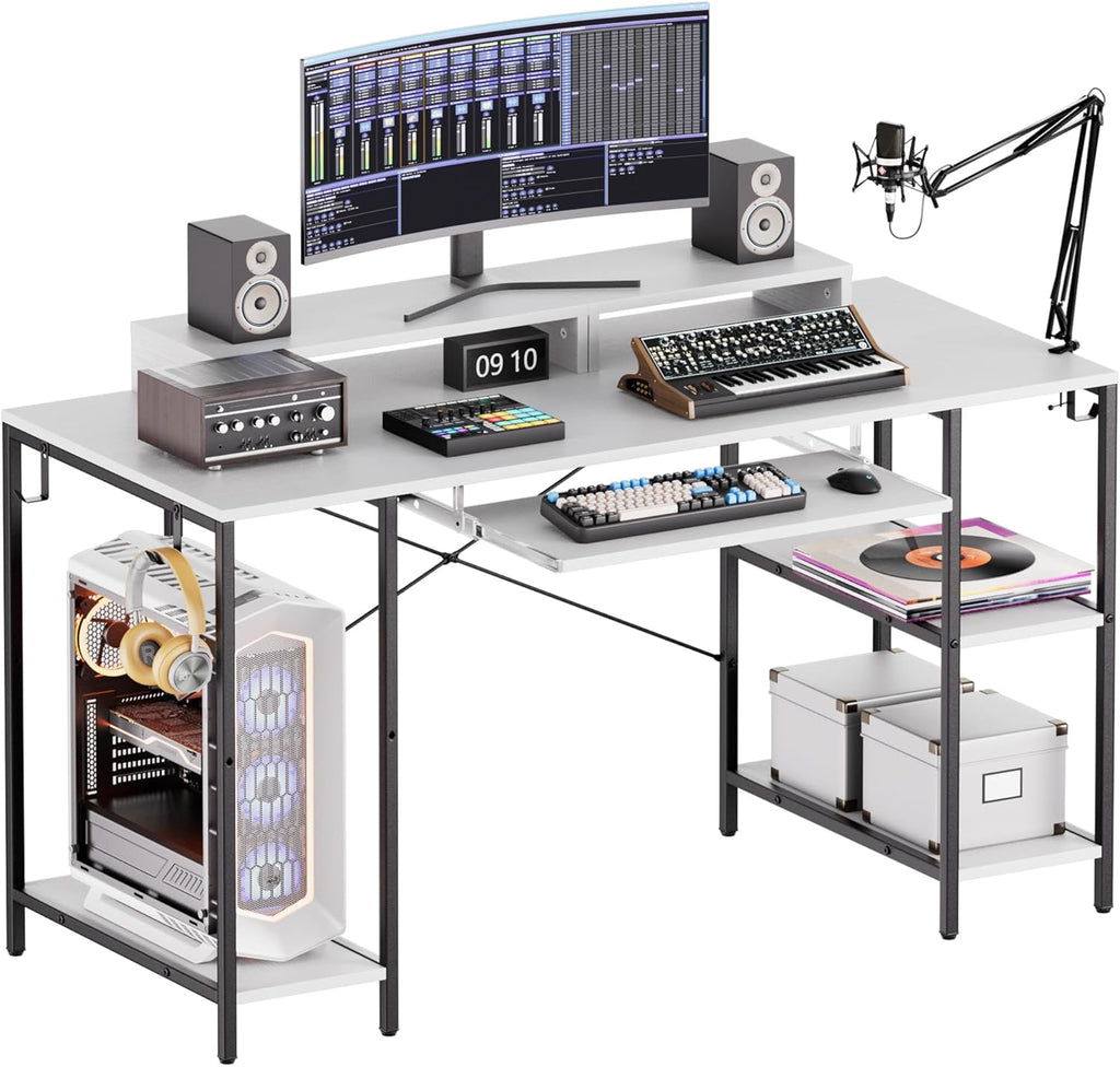 HYPIGO Computer Desk with Keyboard Tray, 55 Inch Music Studio Desk Music Production Desk with Storage Shelves Monitor Stands and 4 Iron Hooks, Workstation Gaming Table for Home Office